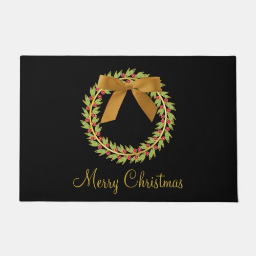 Classic Holly Wreath Gold Bow Christmas Black Gold Doormat