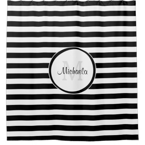 Classic Horizontal Black White Stripes With Name Shower Curtain