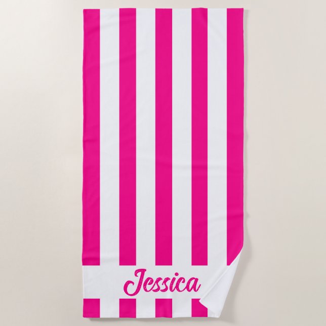 Classic Hot Pink and White Cabana Strip  Beach Towel (Front)