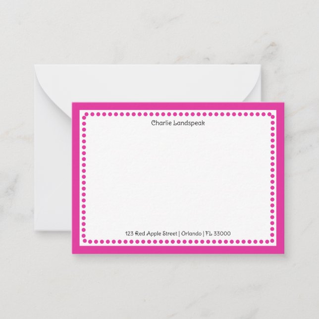 Classic Hot Pink Dotted Frame Custom Name, Address Note Card (Front)