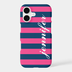 Classic Hot Pink Navy Striped Monogram iPhone 17 Case