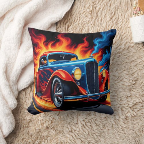 Classic hot rod blazing down the highway at sunset throw pillow