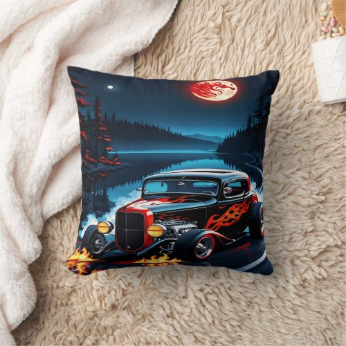 Classic hot rod cruising by the moonlit lake throw pillow