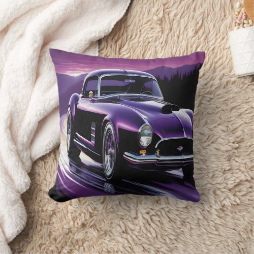 Classic hot rod cruising through a vibrant sunset throw pillow