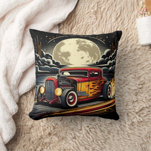 Classic hot rod cruising under a full moonlit sky throw pillow