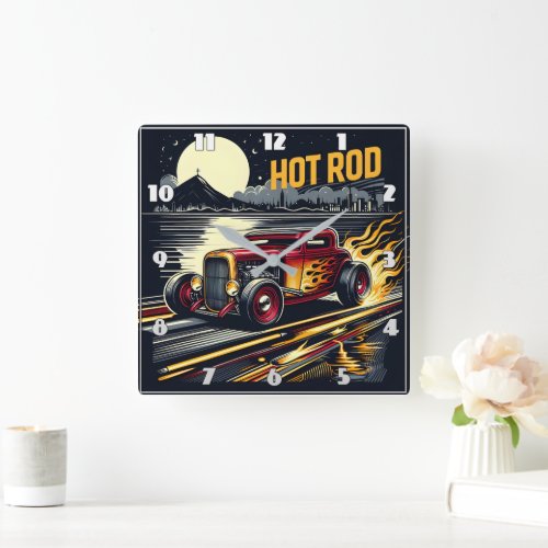 Classic hot rod cruising under the moonlit sky square wall clock