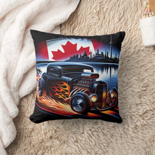 Classic hot rod racing by the Canadian skyline Throw Pillow