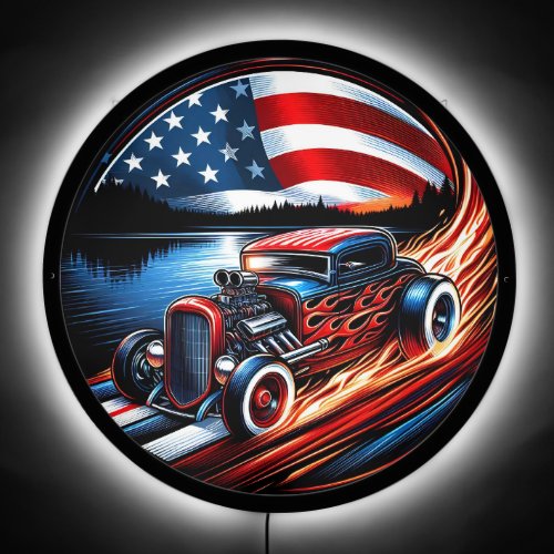 Classic hot rod racing by the lake at sunset LED sign