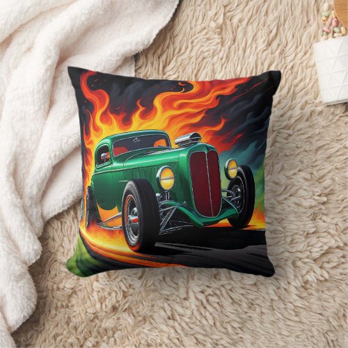 Classic hot rod racing down a fiery road at dusk throw pillow