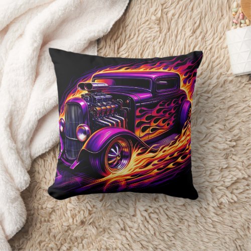 Classic hot rod racing down a fiery street throw pillow