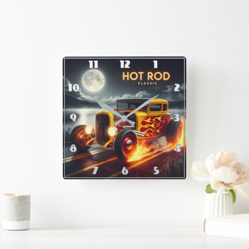 Classic hot rod racing under a full moon at night square wall clock