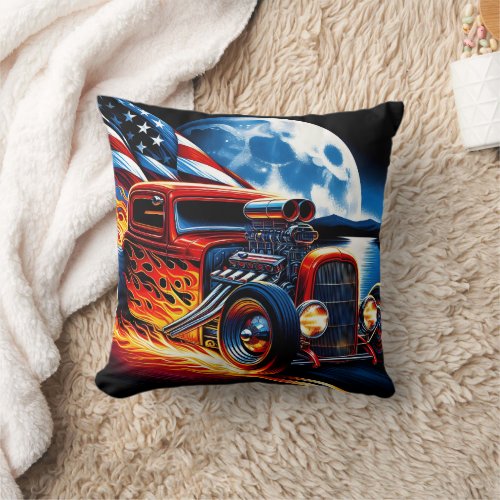 Classic hot rod racing under a full moon at night throw pillow