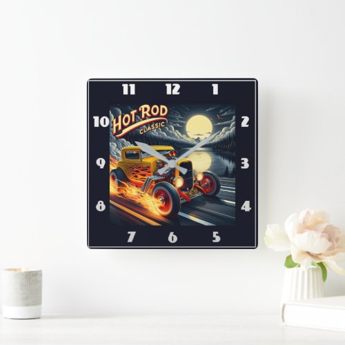 Classic hot rod racing under a luminous full moon square wall clock