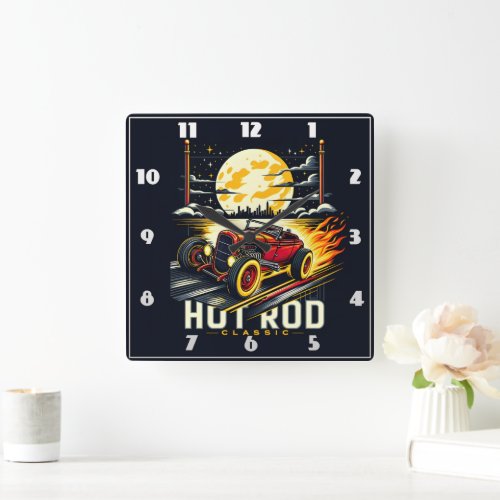 Classic hot rod racing under the full moons glow square wall clock