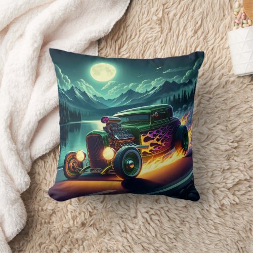 Classic hot rod racing under the moonlit mountains throw pillow