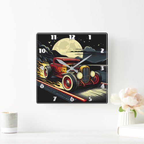 Classic hot rod speeding through a moonlit night square wall clock