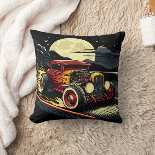 Classic hot rod speeding through a moonlit night throw pillow