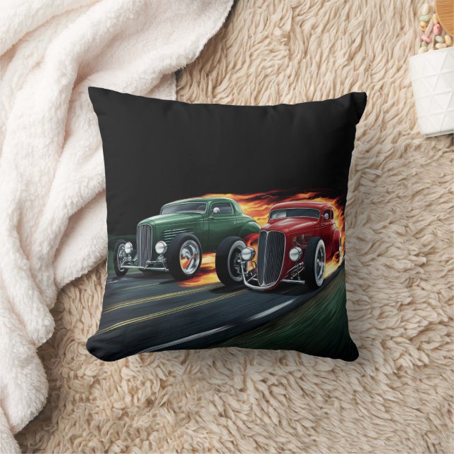 Classic hot rods racing down a night street throw pillow (Blanket)