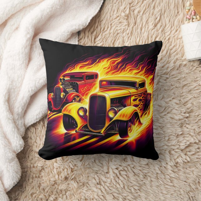 Classic hot rods racing through fiery trails throw pillow (Blanket)