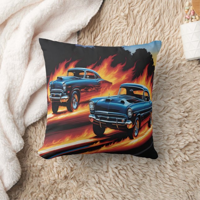 Classic hot rods racing through flames at sunset throw pillow (Blanket)