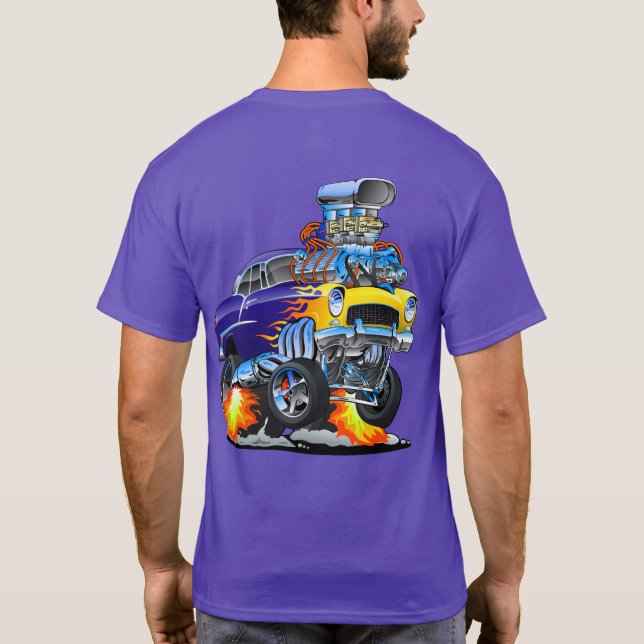 Classic Hotrod Muscle Car Flames Big Engine T-Shirt (Back)