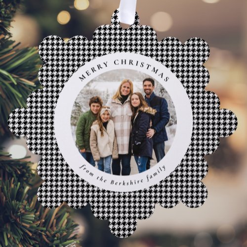 Classic houndstooth black white 2 photo Christmas Ornament Card