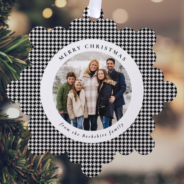 Classic houndstooth black white 2 photo Christmas Ornament Card (Creator Uploaded)