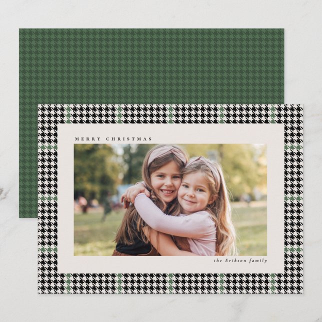 Classic houndstooth frame black green one photo holiday card (Front/Back)