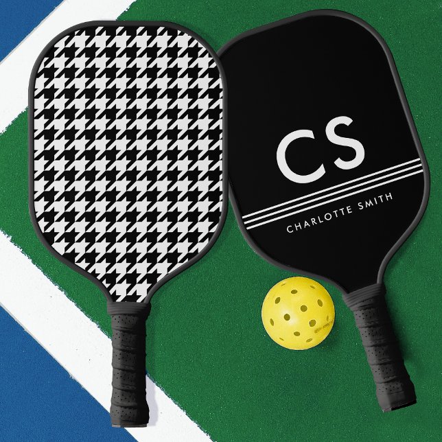 Classic Houndstooth Monogram Black & White Pickleball Paddle (Creator Uploaded)