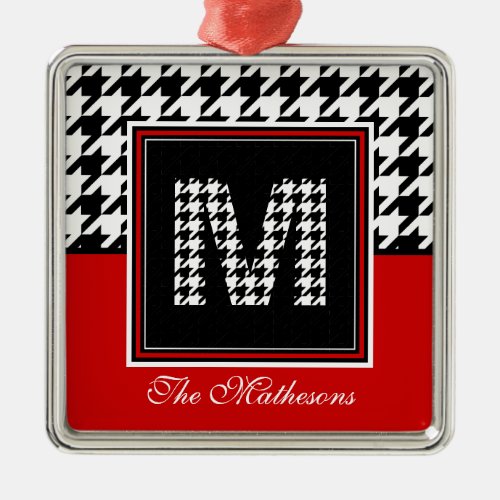 Classic Houndstooth Monogram  Red Black White Metal Ornament