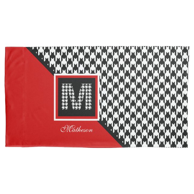 Classic Houndstooth & Monogram | Red Black White Pillow Case (Front-Left)
