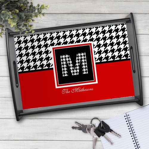 Classic Houndstooth  Monogram  Red Black White Serving Tray