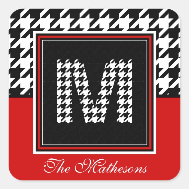 Classic Houndstooth & Monogram | Red Black White Square Sticker (Front)