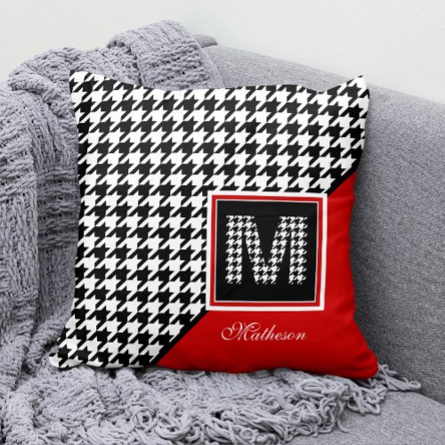 Classic Houndstooth  Monogram  Red Black White Throw Pillow
