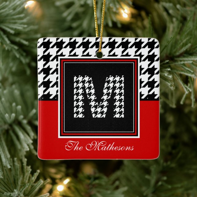 Classic Houndstooth Pattern Monogram Red and Black Ceramic Ornament (Tree)