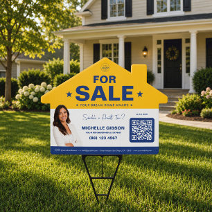 Classic House For Sale Yellow White Navy QR Yard Sign