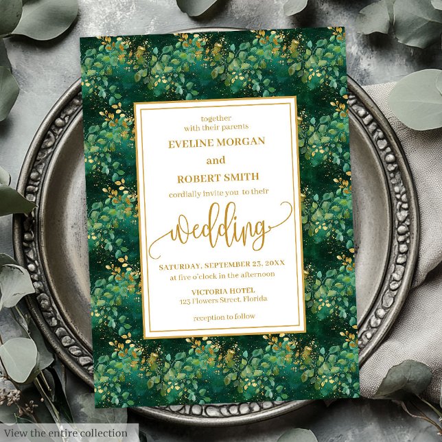 Classic Hunter Green Gold Eucalyptus Wedding  Invitation (Classic Hunter Green Gold Eucalyptus Wedding Invitation)