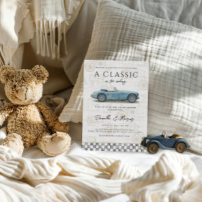Classic in the Making Blue Vintage Car Baby Shower Invitation
