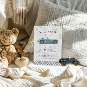 Classic in the Making Blue Vintage Car Baby Shower Invitation