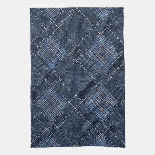 Classic Indigo Diamond Stitch Denim Pattern Kitchen Towel