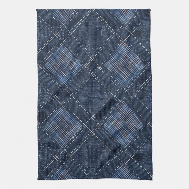 Classic Indigo Diamond Stitch Denim Pattern Kitchen Towel (Vertical)