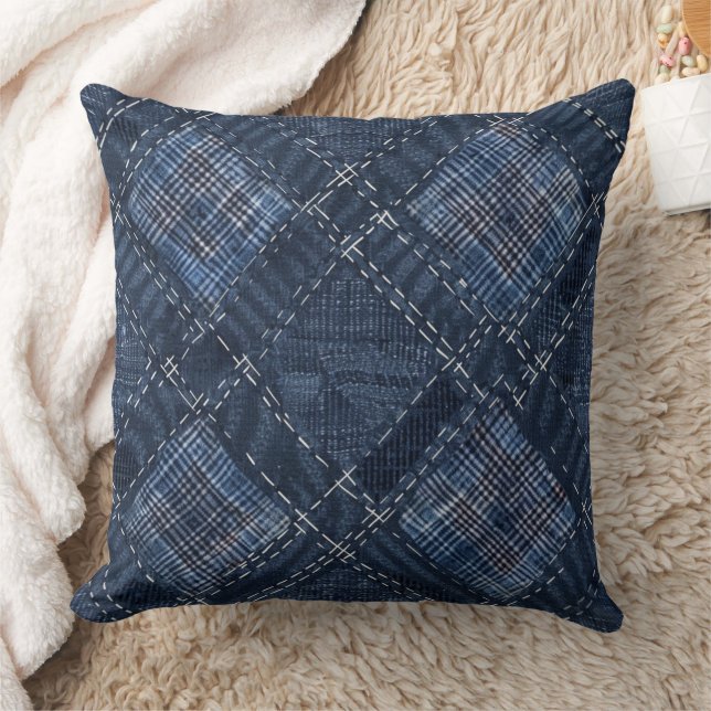 Classic Indigo Diamond Stitch Denim Pattern Throw Pillow (Blanket)