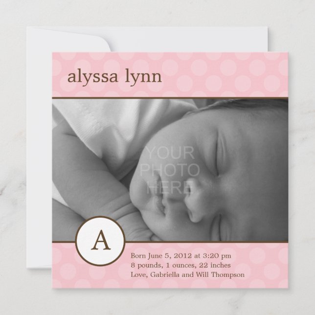 Classic Initial Baby Girl Birth Announcement (Front)