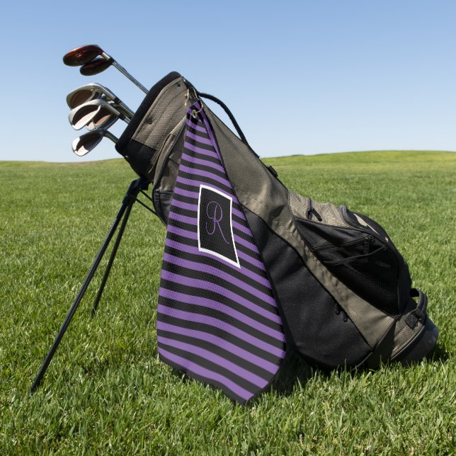 Classic Initial Letter Purple and Black Striped Golf Towel (Green)