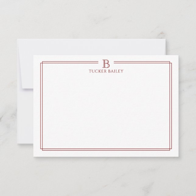 Classic Initial Monogram Red Border Stationery Note Card (Front)