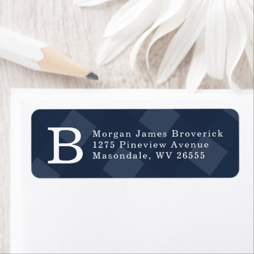 Classic initial navy blue plaid simple address label