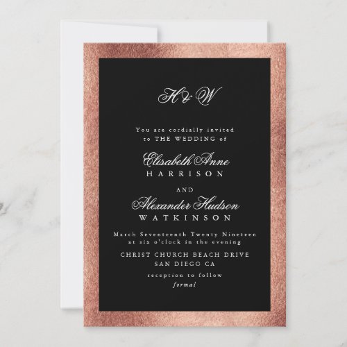 Classic Initials Calligraphy BW Rose Gold Wedding Invitation
