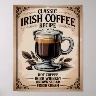 Classic Irish Coffee Recipe Vintage Rustic Kitchen Poster
