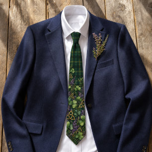 Classic Irish Hunter Green Tartan Plaid & Shamrock Neck Tie