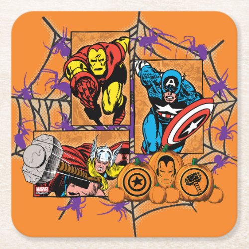 Classic Iron Man Captain America  Thor In A Web Square Paper Coaster